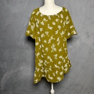 Cato Size XL Olive Leaf Print Asymmetrical Tunic Blouse Boho Watercolor